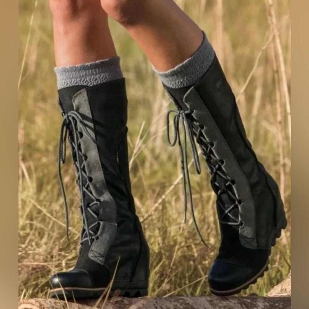 SOREL CATE THE GREAT  BOOTS TALL 9.5 WEDGES Waterproof LACE UP LN HTF BLACK/GRAY